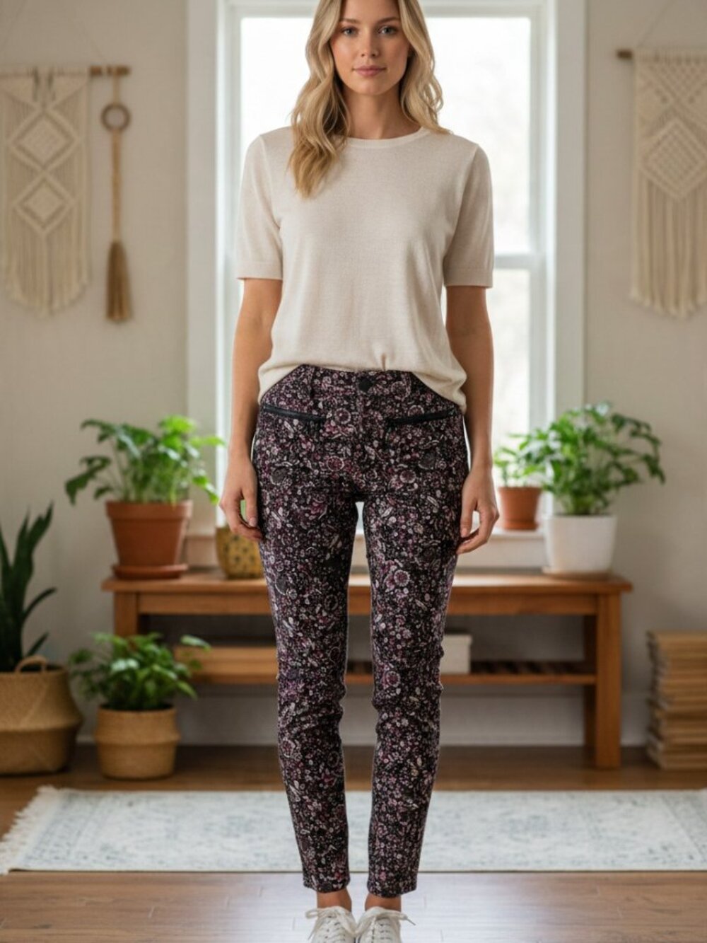 Club Monaco Floral Print Corduroy Skinny Pants Zip Pocket Detail 6
